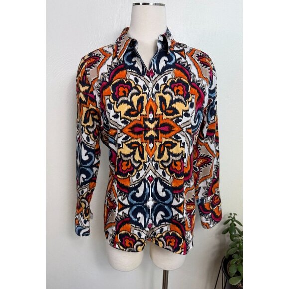 Chico's Tops - Chico's Womens Ikat Cotton No-Iron Button Up Shirt Size‎ 1/Medium Retro Artsy